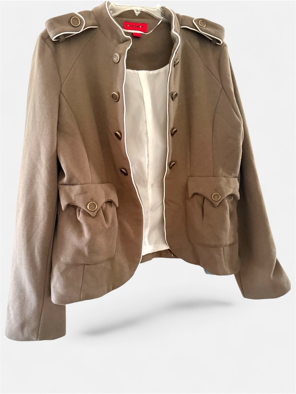 CoffeeShop Taupe Military-Style Blazer with White Trim